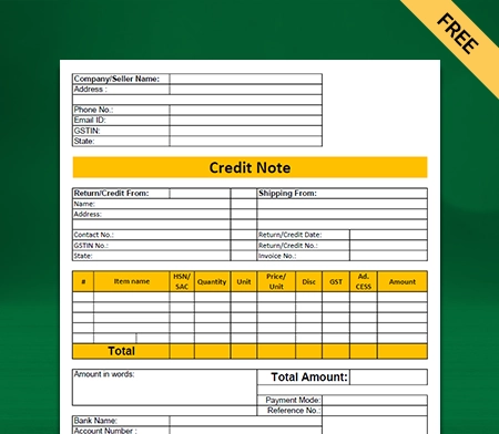 Credit Note Format Free Download