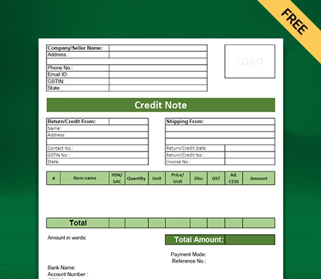 Download Professional Credit Note Format in Excel