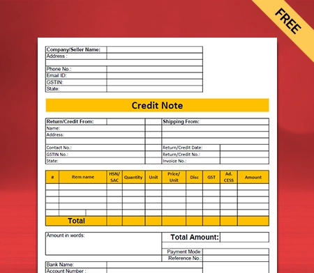 Download Free Customizable Credit Note Format in PDF
