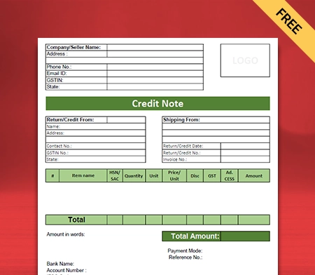 Download Professional Credit Note Format in PDF
