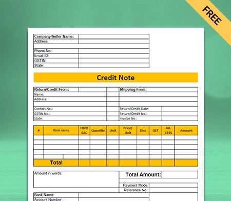 Download Free Credit Note Format in Google Sheets