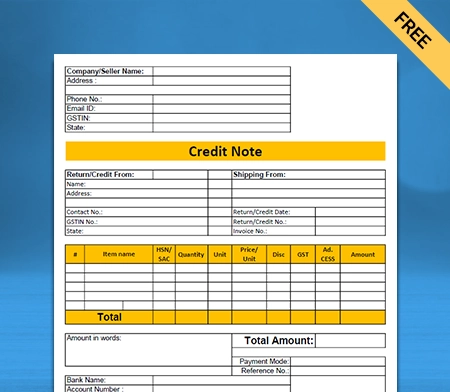 Download Professional Credit Note Format in Word