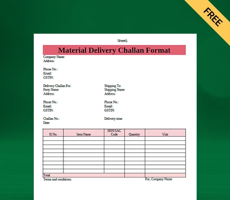 Download Free Material Delivery Challan Format In Excel