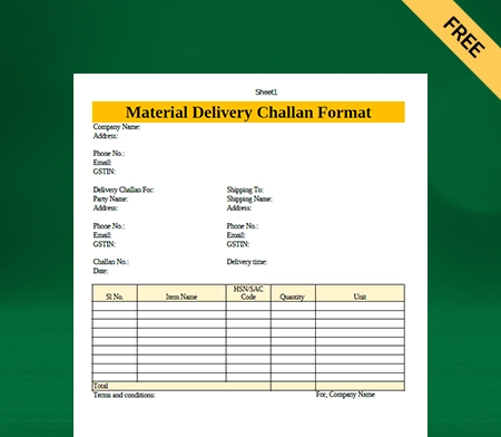 Download Free Professional Material Delivery Challan Format In Excel