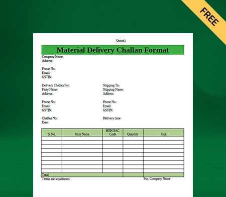 Download Free Customizable Material Delivery Challan Format In Excel