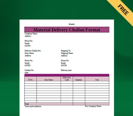 Download New Material Delivery Challan Format In Excel