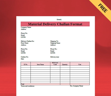 Download Free Material Delivery Challan Format In PDF