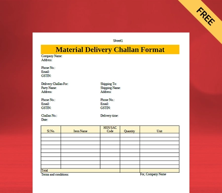Download Free Professional Material Delivery Challan Format In PDF