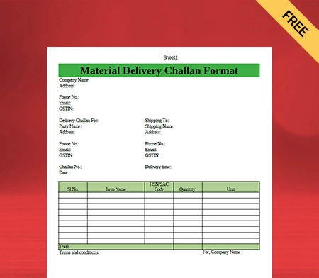 Download Free Customizable Material Delivery Challan Format In PDF