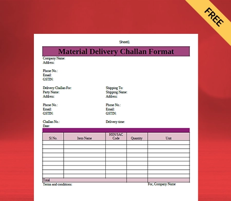 Download New Material Delivery Challan Format In PDF