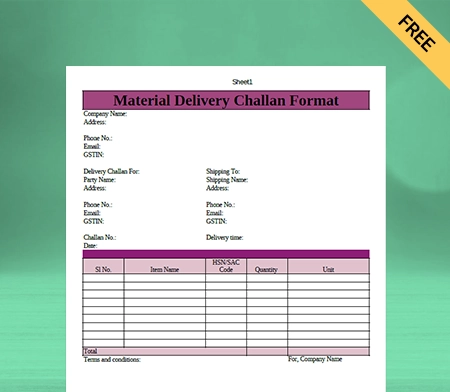 Download New Material Delivery Challan Format In Google Sheets