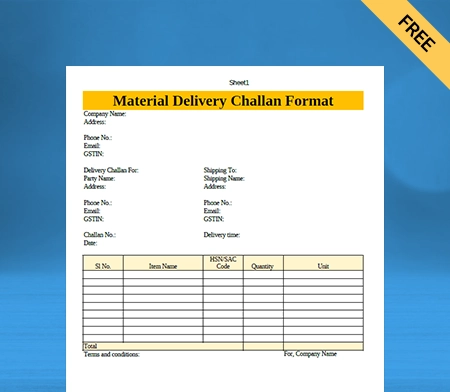 Download Free Professional Material Delivery Challan Format In Word