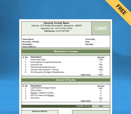 Download word Housing Society Maintenance Bill Format for free