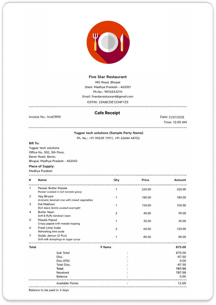 Cafe receipt thermal invoice template