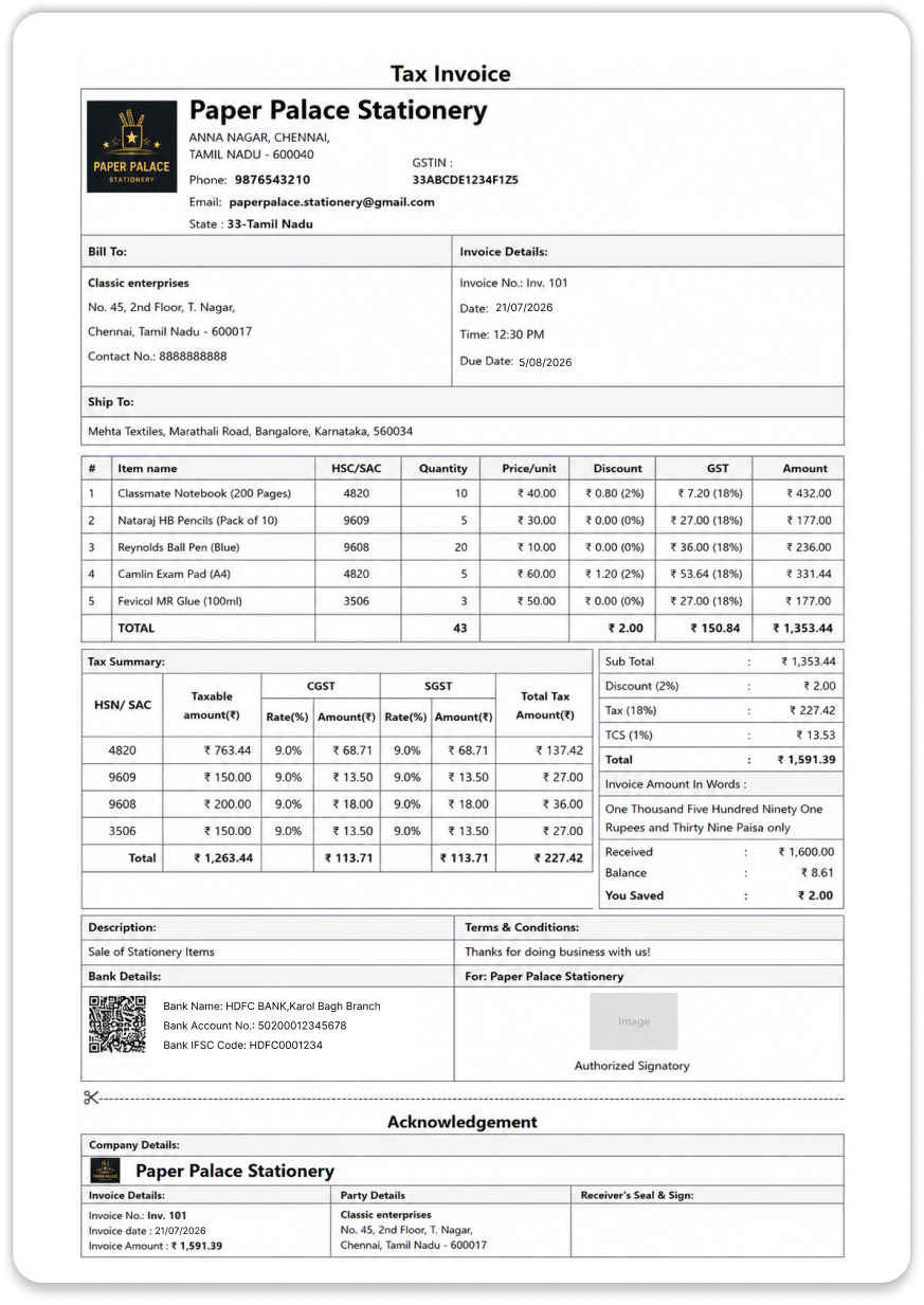Tally theme A4 paper stationery invoice template